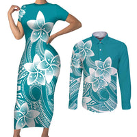 Polynesian Plumeria Flowers Tribal Couples Matching Short Sleeve Bodycon Dress and Long Sleeve Button Shirt Pacific Tattoo Teal Style - Polynesian Pride