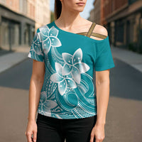 Polynesian Plumeria Flowers Tribal Cross Shoulder Shirt Pacific Tattoo Teal Style - Polynesian Pride