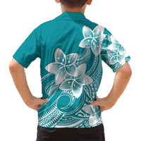 Polynesian Plumeria Flowers Tribal Family Matching Long Sleeve Bodycon Dress and Hawaiian Shirt Pacific Tattoo Teal Style - Polynesian Pride