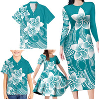 Polynesian Plumeria Flowers Tribal Family Matching Long Sleeve Bodycon Dress and Hawaiian Shirt Pacific Tattoo Teal Style - Polynesian Pride
