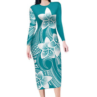 Polynesian Plumeria Flowers Tribal Family Matching Long Sleeve Bodycon Dress and Hawaiian Shirt Pacific Tattoo Teal Style - Polynesian Pride