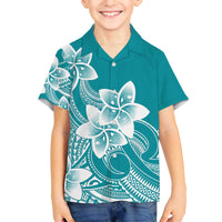 Polynesian Plumeria Flowers Tribal Family Matching Off The Shoulder Long Sleeve Dress and Hawaiian Shirt Pacific Tattoo Teal Style - Polynesian Pride