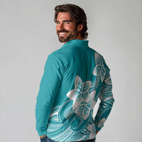Polynesian Plumeria Flowers Tribal Long Sleeve Polo Shirt Pacific Tattoo Teal Style - Polynesian Pride
