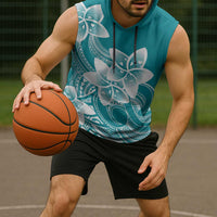 Polynesian Plumeria Flowers Tribal Sleeveless Hoodie Pacific Tattoo Teal Style - Polynesian Pride