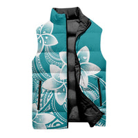 Polynesian Plumeria Flowers Tribal Sleeveless Puffer Jacket Pacific Tattoo Teal Style - Polynesian Pride