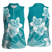 Polynesian Plumeria Flowers Tribal Women Sleeveless Polo Shirt Pacific Tattoo Teal Style - Polynesian Pride