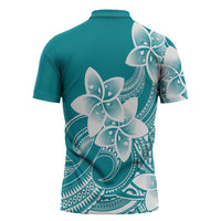 Polynesian Plumeria Flowers Tribal Zipper Polo Shirt Pacific Tattoo Teal Style - Polynesian Pride
