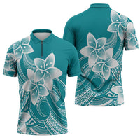 Polynesian Plumeria Flowers Tribal Zipper Polo Shirt Pacific Tattoo Teal Style - Polynesian Pride