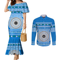 Personalised Fiji Marau Na Kerisimasi Couples Matching Mermaid Dress and Long Sleeve Button Shirt Merry Christmas Tapa Pattern Blue Style LT9 Red - Polynesian Pride