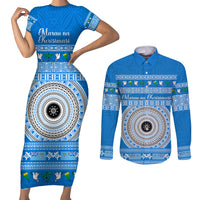 Personalised Fiji Marau Na Kerisimasi Couples Matching Short Sleeve Bodycon Dress and Long Sleeve Button Shirt Merry Christmas Tapa Pattern Blue Style LT9 Red - Polynesian Pride