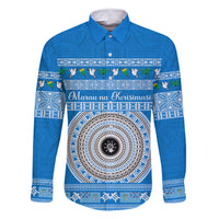 Personalised Fiji Marau Na Kerisimasi Family Matching Off Shoulder Long Sleeve Dress and Hawaiian Shirt Merry Christmas Tapa Pattern Blue Style LT9 Dad's Shirt - Long Sleeve Red - Polynesian Pride