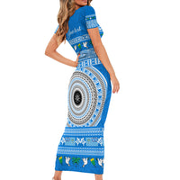 Personalised Fiji Marau Na Kerisimasi Short Sleeve Bodycon Dress Merry Christmas Tapa Pattern Blue Style LT9 - Polynesian Pride