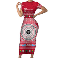Personalised Fiji Marau Na Kerisimasi Short Sleeve Bodycon Dress Merry Christmas Tapa Pattern Red Style LT9 Long Dress Red - Polynesian Pride