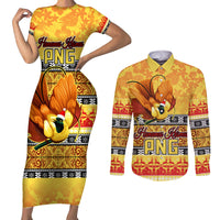 PNG Hamamas Krismas Couples Matching Short Sleeve Bodycon Dress and Long Sleeve Button Shirt Papua New Guinea Bird Of Paradise Merry Christmas Gold Style LT9 Gold - Polynesian Pride
