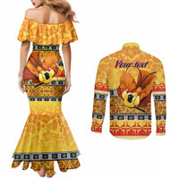 Personalised PNG Hamamas Krismas Couples Matching Mermaid Dress and Long Sleeve Button Shirt Papua New Guinea Bird Of Paradise Merry Christmas Gold Style LT9 - Polynesian Pride