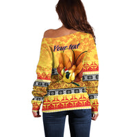 Personalised PNG Hamamas Krismas Off Shoulder Sweater Papua New Guinea Bird Of Paradise Merry Christmas Gold Style LT9 - Polynesian Pride