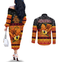 PNG Hamamas Krismas Couples Matching Off The Shoulder Long Sleeve Dress and Long Sleeve Button Shirt Papua New Guinea Bird Of Paradise Merry Christmas Black Style LT9 - Polynesian Pride