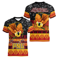 PNG Hamamas Krismas Women V Neck T Shirt Papua New Guinea Bird Of Paradise Merry Christmas Black Style LT9 - Polynesian Pride