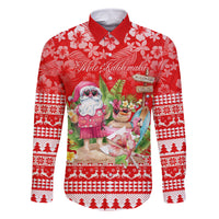 Personalised Hawaii Mele Kalikimaka Family Matching Long Sleeve Bodycon Dress and Hawaiian Shirt Santa Beach Merry Christmas LT9 Dad's Shirt - Long Sleeve Red - Polynesian Pride