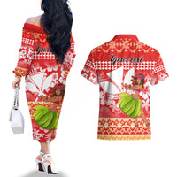 Personalised Hawaii Mele Kalikimaka Couples Matching Off The Shoulder Long Sleeve Dress and Hawaiian Shirt Santa Claus and Hula Dancing Merry Christmas LT9 - Polynesian Pride