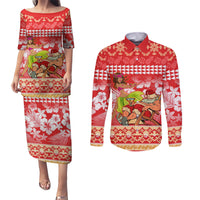 Personalised Hawaii Mele Kalikimaka Couples Matching Puletasi Dress and Long Sleeve Button Shirt Santa Claus and Hula Dancing Merry Christmas LT9 Red - Polynesian Pride