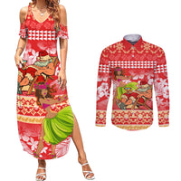 Personalised Hawaii Mele Kalikimaka Couples Matching Summer Maxi Dress and Long Sleeve Button Shirt Santa Claus and Hula Dancing Merry Christmas LT9 Red - Polynesian Pride