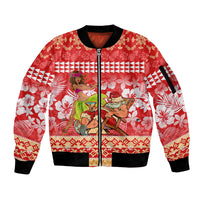 Personalised Hawaii Mele Kalikimaka Sleeve Zip Bomber Jacket Santa Claus and Hula Dancing Merry Christmas LT9 Unisex Red - Polynesian Pride