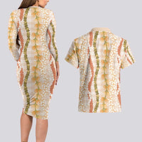 Hawaiian Ohia Lehua Lei Couples Matching Long Sleeve Bodycon Dress and Hawaiian Shirt Plaid Palaka Ahiehie Pattern - Polynesian Pride