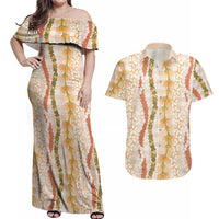 Hawaiian Ohia Lehua Lei Couples Matching Off Shoulder Maxi Dress and Hawaiian Shirt Plaid Palaka Ahiehie Pattern LT9 Beige - Polynesian Pride