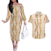 Hawaiian Ohia Lehua Lei Couples Matching Off The Shoulder Long Sleeve Dress and Hawaiian Shirt Plaid Palaka Ahiehie Pattern - Polynesian Pride