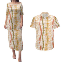 Hawaiian Ohia Lehua Lei Couples Matching Puletasi and Hawaiian Shirt Plaid Palaka Ahiehie Pattern - Polynesian Pride