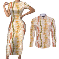 Hawaiian Ohia Lehua Lei Couples Matching Short Sleeve Bodycon Dress and Long Sleeve Button Shirt Plaid Palaka Ahiehie Pattern LT9 Beige - Polynesian Pride