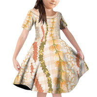 Hawaiian Ohia Lehua Lei Family Matching Off Shoulder Short Dress and Hawaiian Shirt Plaid Palaka Ahiehie Pattern LT9 Daughter's Dress Beige - Polynesian Pride