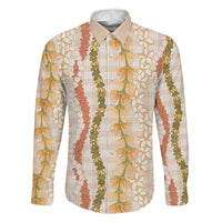 Hawaiian Ohia Lehua Lei Family Matching Puletasi and Hawaiian Shirt Plaid Palaka Ahiehie Pattern LT9 Dad's Shirt - Long Sleeve Beige - Polynesian Pride