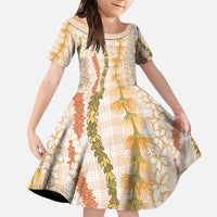 Hawaiian Ohia Lehua Lei Family Matching Short Sleeve Bodycon Dress and Hawaiian Shirt Plaid Palaka Ahiehie Pattern LT9 Daughter's Dress Beige - Polynesian Pride