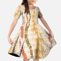 Hawaiian Ohia Lehua Lei Family Matching Summer Maxi Dress and Hawaiian Shirt Plaid Palaka Ahiehie Pattern LT9 Daughter's Dress Beige - Polynesian Pride