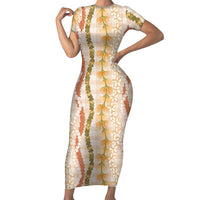 Hawaiian Ohia Lehua Lei Short Sleeve Bodycon Dress Plaid Palaka Ahiehie Pattern LT9 Long Dress Beige - Polynesian Pride