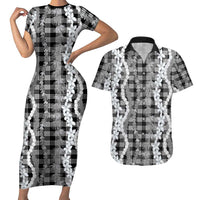 Hawaiian Ohia Lehua Lei Couples Matching Short Sleeve Bodycon Dress and Hawaiian Shirt Plaid Palaka Eleele Pattern LT9 Black - Polynesian Pride