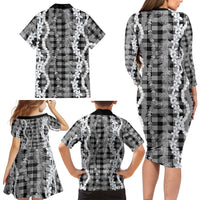 Hawaiian Ohia Lehua Lei Family Matching Long Sleeve Bodycon Dress and Hawaiian Shirt Plaid Palaka Eleele Pattern - Polynesian Pride