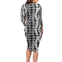 Hawaiian Ohia Lehua Lei Family Matching Long Sleeve Bodycon Dress and Hawaiian Shirt Plaid Palaka Eleele Pattern - Polynesian Pride