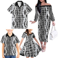 Hawaiian Ohia Lehua Lei Family Matching Off The Shoulder Long Sleeve Dress and Hawaiian Shirt Plaid Palaka Eleele Pattern - Polynesian Pride
