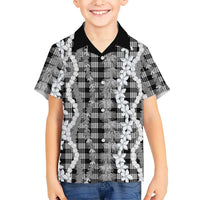 Hawaiian Ohia Lehua Lei Family Matching Off The Shoulder Long Sleeve Dress and Hawaiian Shirt Plaid Palaka Eleele Pattern - Polynesian Pride