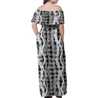 Hawaiian Ohia Lehua Lei Family Matching Off Shoulder Maxi Dress and Hawaiian Shirt Plaid Palaka Eleele Pattern - Polynesian Pride