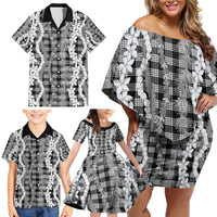 Hawaiian Ohia Lehua Lei Family Matching Off Shoulder Short Dress and Hawaiian Shirt Plaid Palaka Eleele Pattern - Polynesian Pride