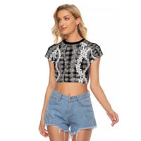 Hawaiian Ohia Lehua Lei Raglan Cropped T Shirt Plaid Palaka Eleele Pattern LT9 Female Black - Polynesian Pride