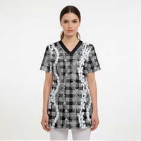 Hawaiian Ohia Lehua Lei Scrub Top Plaid Palaka Eleele Pattern - Polynesian Pride