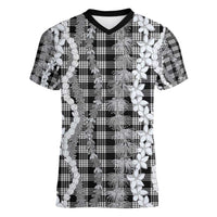 Hawaiian Ohia Lehua Lei Women V-Neck T-Shirt Plaid Palaka Eleele Pattern - Polynesian Pride