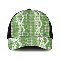 Hawaiian Ohia Lehua Lei Baseball Net Cap Plaid Palaka Omaomao Pattern LT9 One Size Black Green - Polynesian Pride