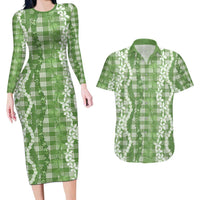 Hawaiian Ohia Lehua Lei Couples Matching Long Sleeve Bodycon Dress and Hawaiian Shirt Plaid Palaka Omaomao Pattern LT9 Green - Polynesian Pride