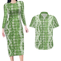 Hawaiian Ohia Lehua Lei Couples Matching Long Sleeve Bodycon Dress and Hawaiian Shirt Plaid Palaka Omaomao Pattern - Polynesian Pride